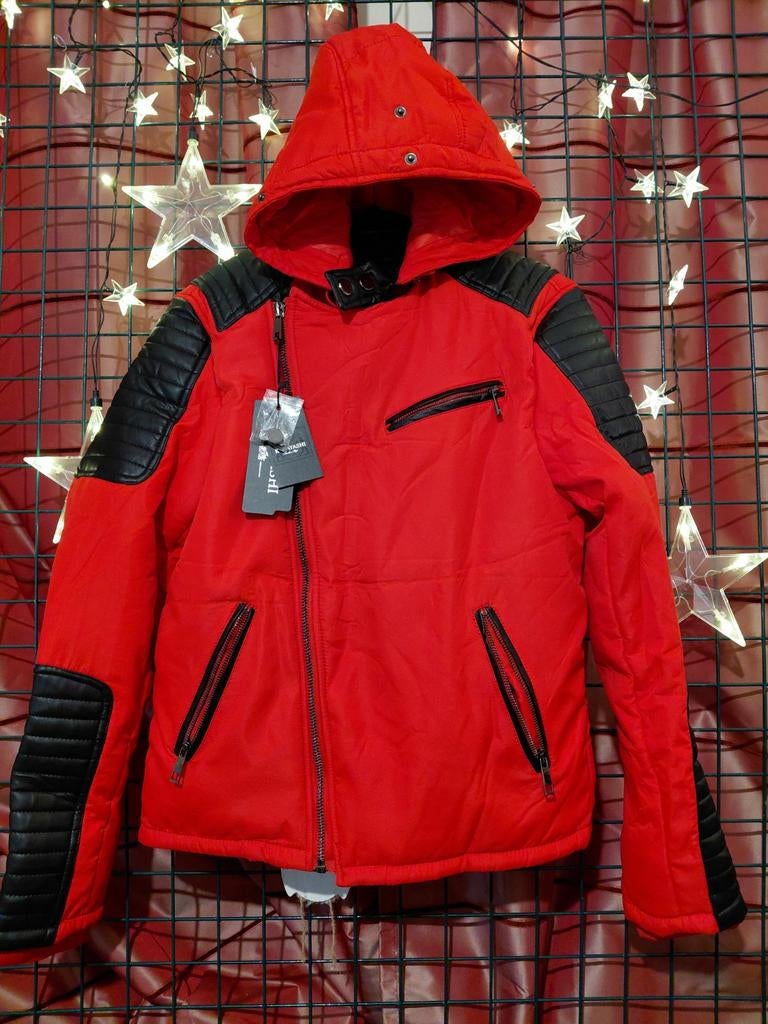 Kubayashi rode parka met zwart kunstleerMaat M, Ophalen of Verzenden