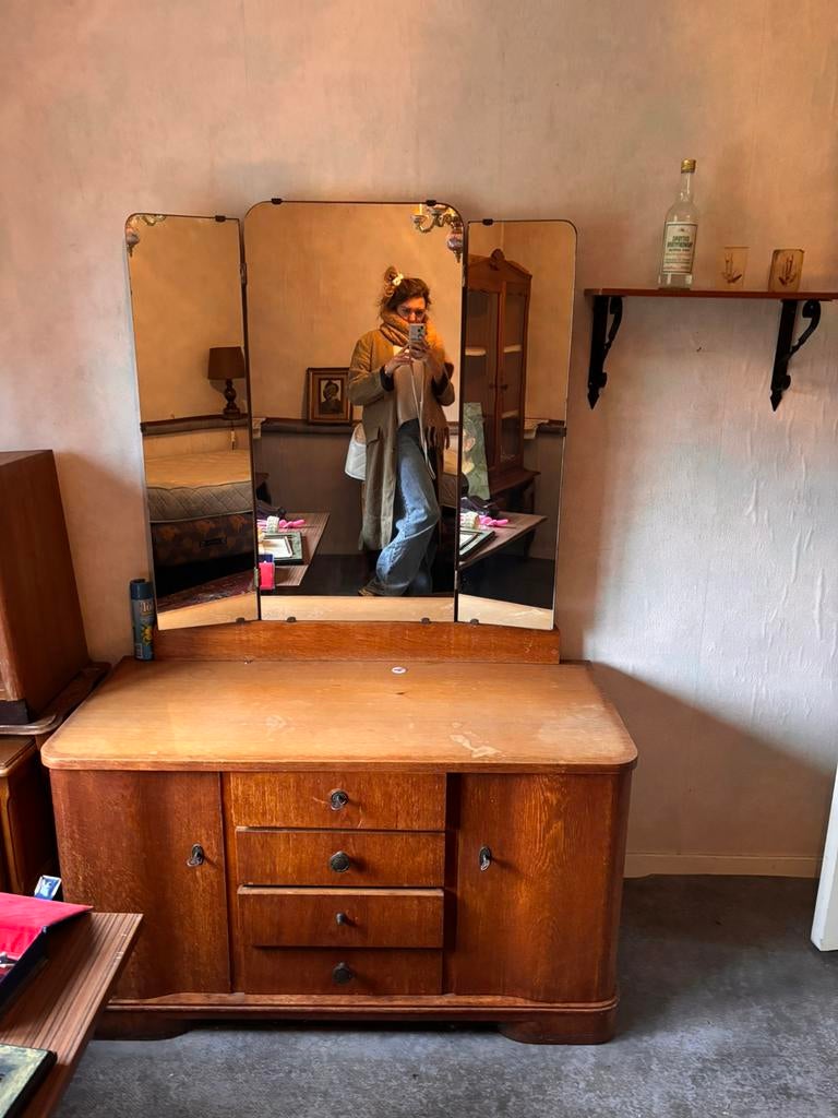 Art Deco Kaptafel met Drieluikspiegel - Queen Ann Stijl, Huis en Inrichting, Tafels | Kaptafels, Zo goed als nieuw, Ophalen