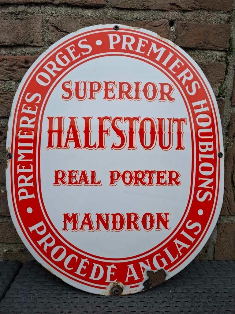 Très ancienne plaque émaillée bière Mandron Halfstout (t, Collections, Marques de bière, Comme neuf, Panneau, Plaque ou Plaquette publicitaire