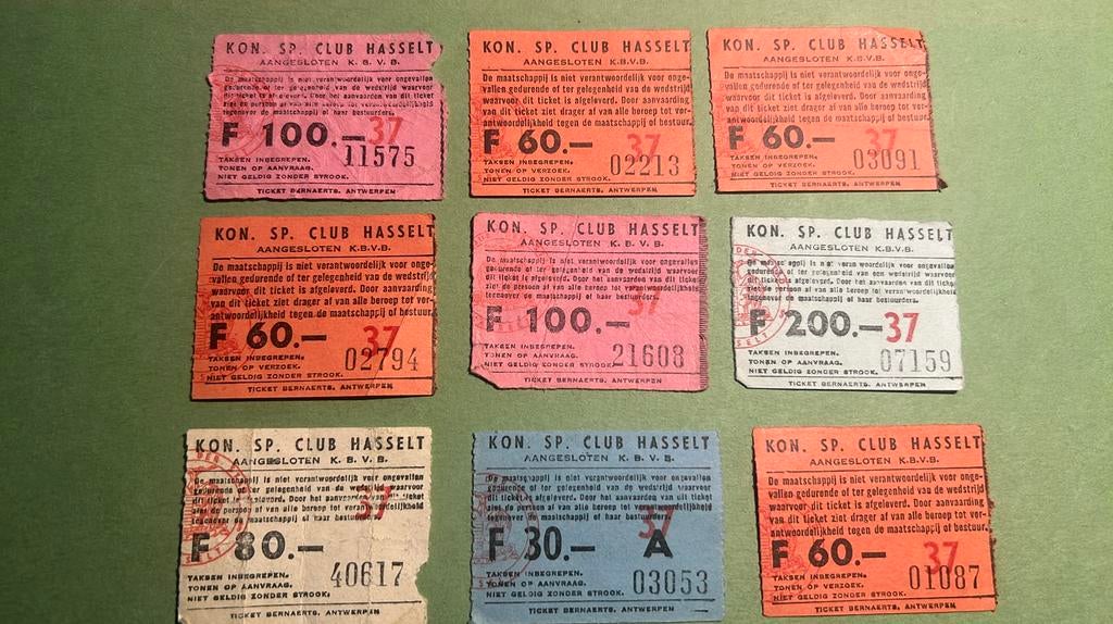 9 anciens tickets Kon. Sp. Club Hasselt, Collections, Envoi, Utilisé