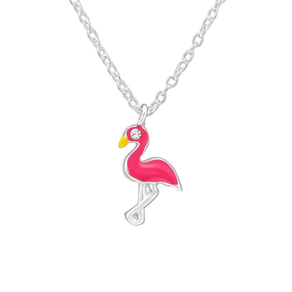 Kinderketting flamingo zilver, epoxy & kristal, Handtassen en Accessoires, Ophalen of Verzenden, Nieuw, Zilver, Ketting