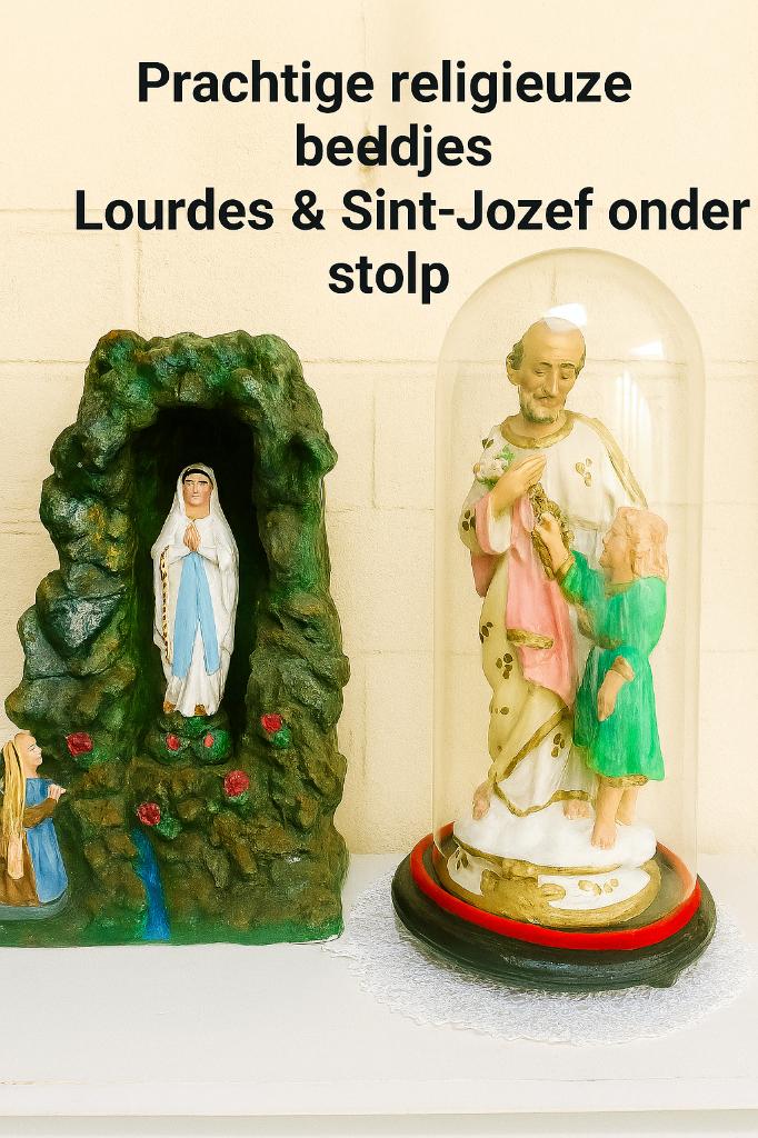 Religieuze beelden Maria in grot & Sint-Jozef onder stolp., Antiek en Kunst, Antiek | Religieuze voorwerpen, Ophalen