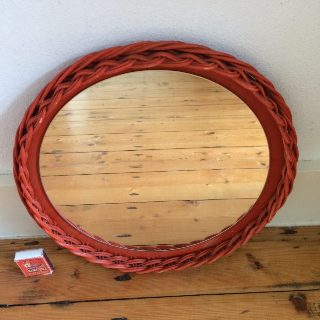Ronde spiegel rieten oranje jaren 70 gevlochten riet vintage, Huis en Inrichting, Minder dan 50 cm, Rond, Ophalen of Verzenden