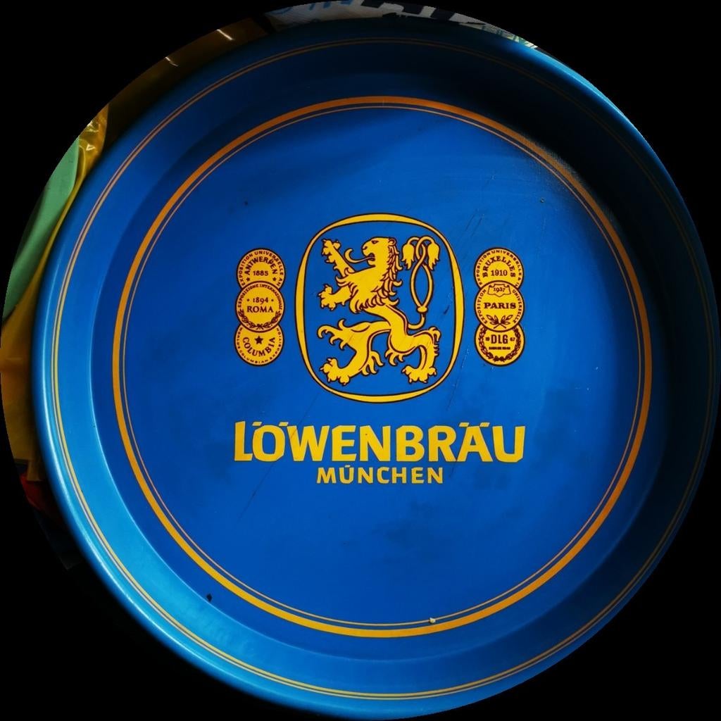 Löwenbräu München bier vintage metalen dienblad, Ophalen of Verzenden, Zo goed als nieuw, Reclamebord, Plaat of Schild