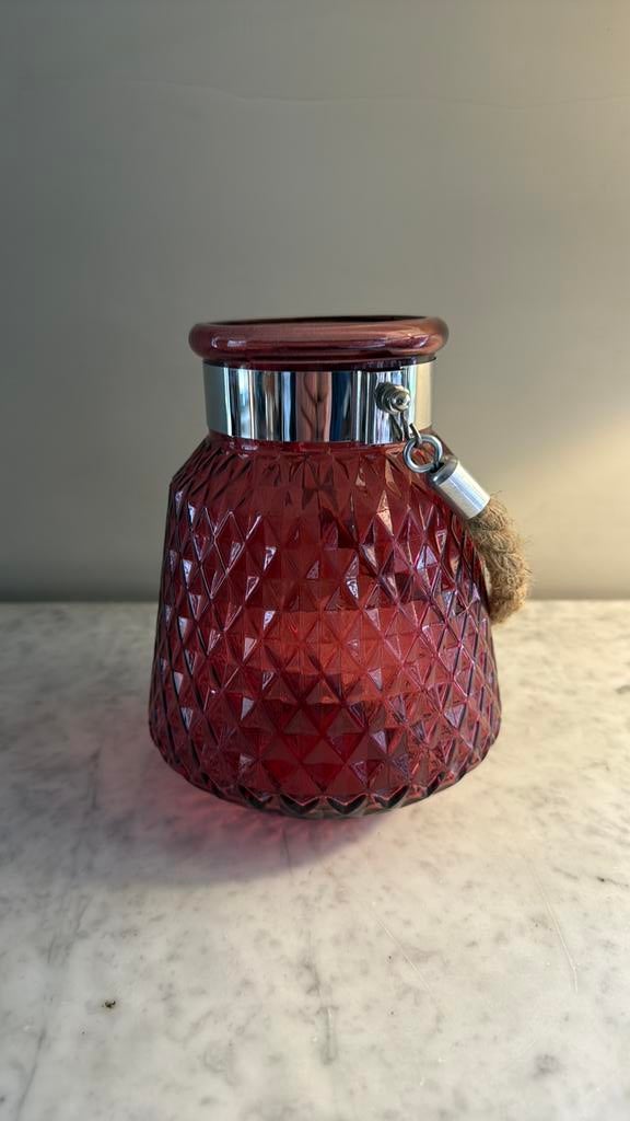Bordeaux-rose vaas met koord, Overige kleuren, Ophalen of Verzenden, Minder dan 50 cm, Glas