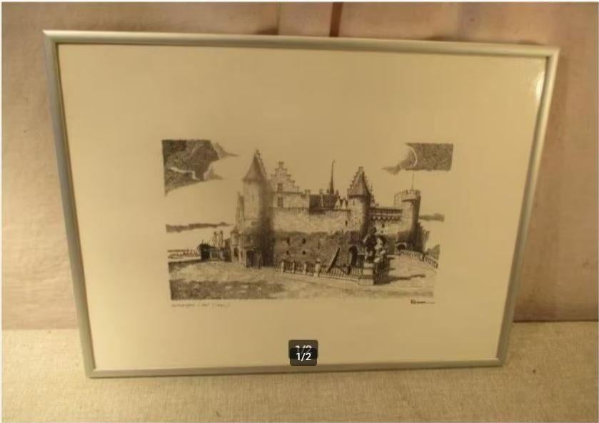 Mooi Oude Gravure 'Het Steen in Antwerpen' - Roman, Antiek en Kunst, Kunst | Etsen en Gravures, Ophalen of Verzenden