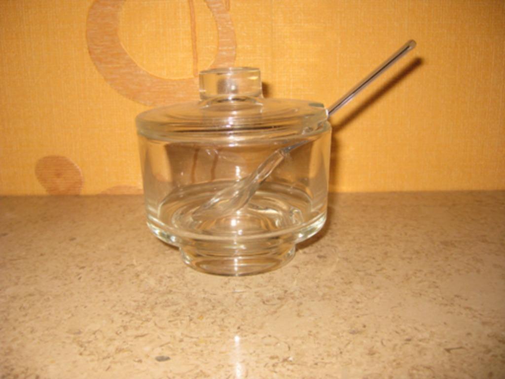 Glazen potje met lepel doormeter 9 cm, Ophalen of Verzenden