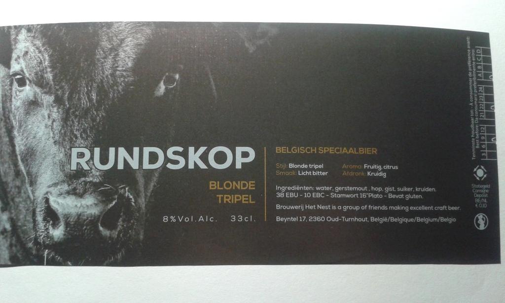 Bieretiket Rundskop  Brouwerij Het Nest, Verzamelen, Biermerken, Ophalen of Verzenden, Nieuw