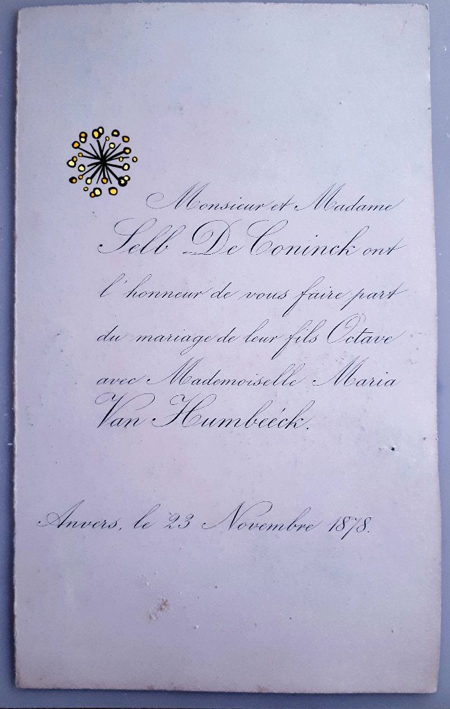 Zeldzame huwelijkaankondiging 1878 De Coninck-Van Humbeeck, Ophalen of Verzenden, Voor 1970, Visitekaartje