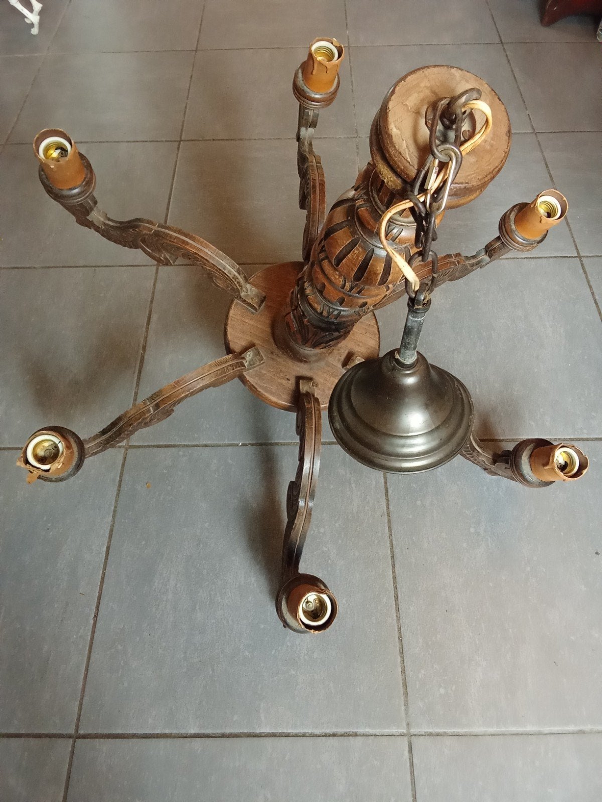 lustre en bois avec abat-jours, Ophalen, Gebruikt, Rustique, E40
