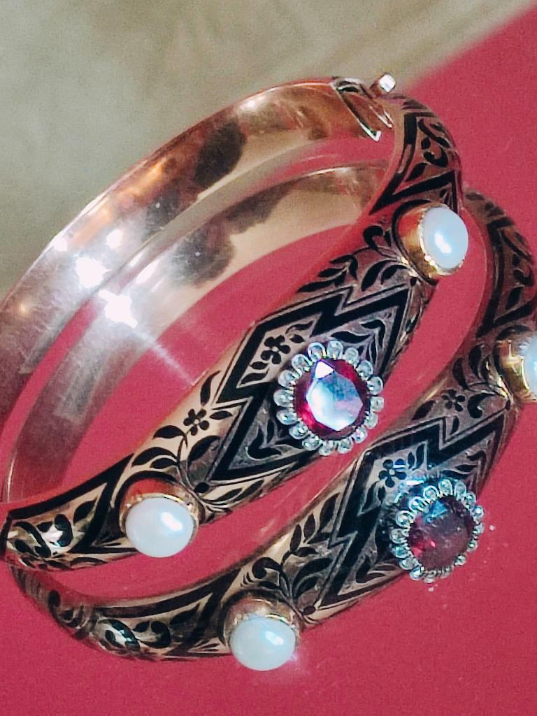 Antieke geëmailleerde gouden armband met, granatsteen, diam, Bijoux, Sacs & Beauté, Bijoux anciens, Enlèvement ou Envoi, Or, Bracelet