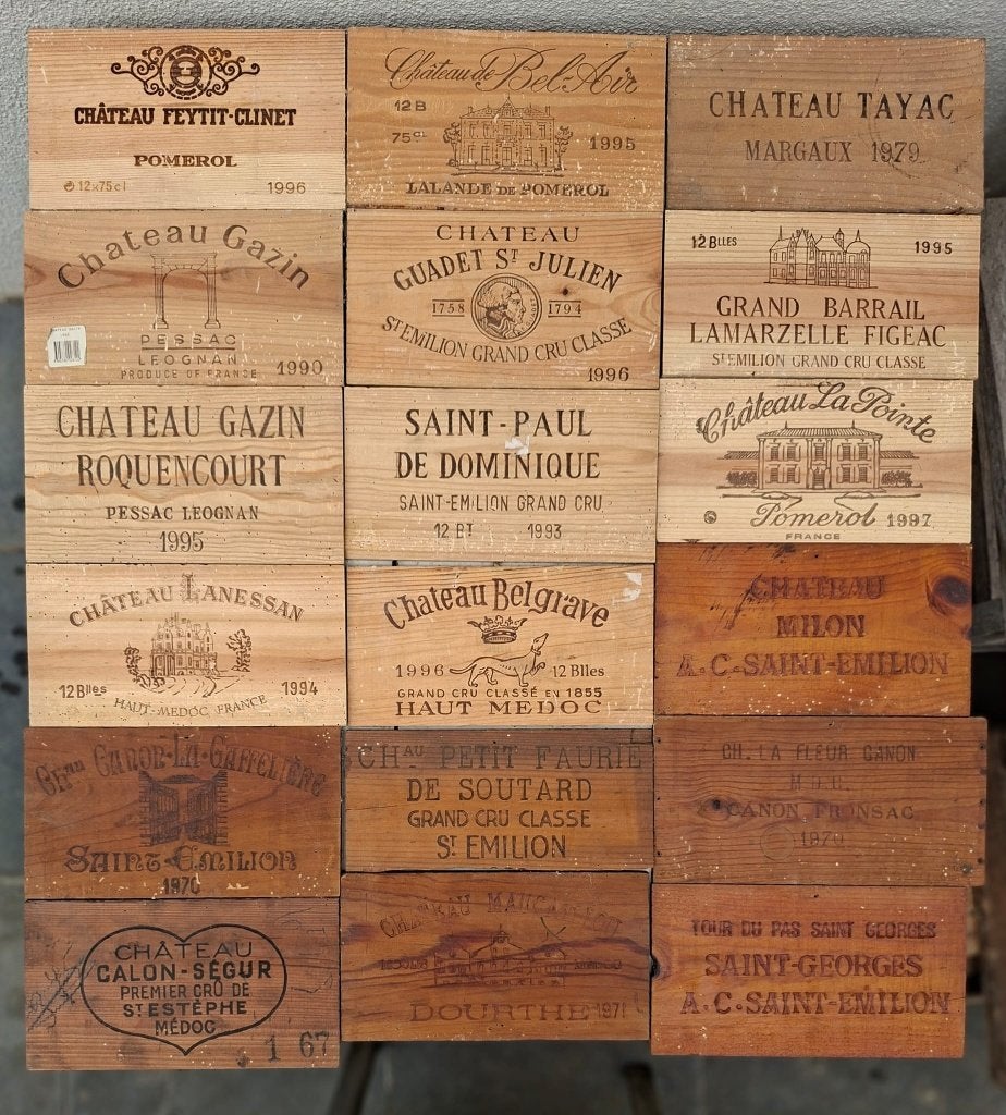 82x fronton de caisses à vin de classe des années '70 et '90, Collections, Vins, Utilisé, Enlèvement