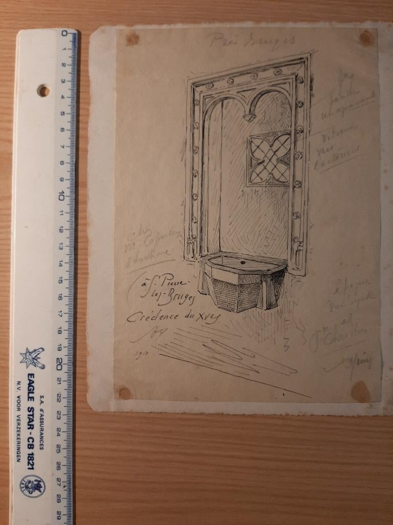 pentekening Armand Heins Brugge Sint-Pieters, Antiek en Kunst, 22 cm, Overige technieken, Architectuur, Ophalen of Verzenden