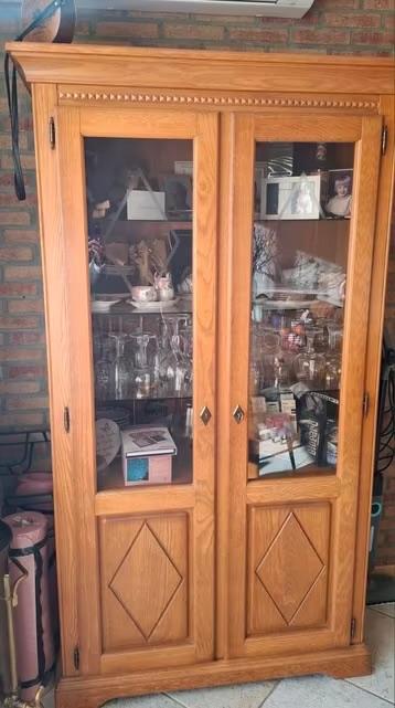 massief eikenhouten vitrinekast in traditionele stijl, Ophalen, 100 tot 150 cm, 200 cm of meer, Zo goed als nieuw