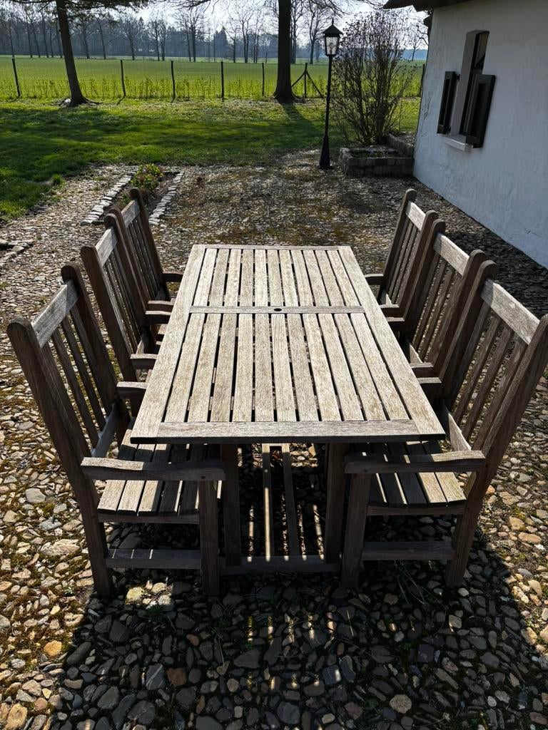 Houten tuinset met 6 stoelen, Enlèvement, Comme neuf, Salons de jardin