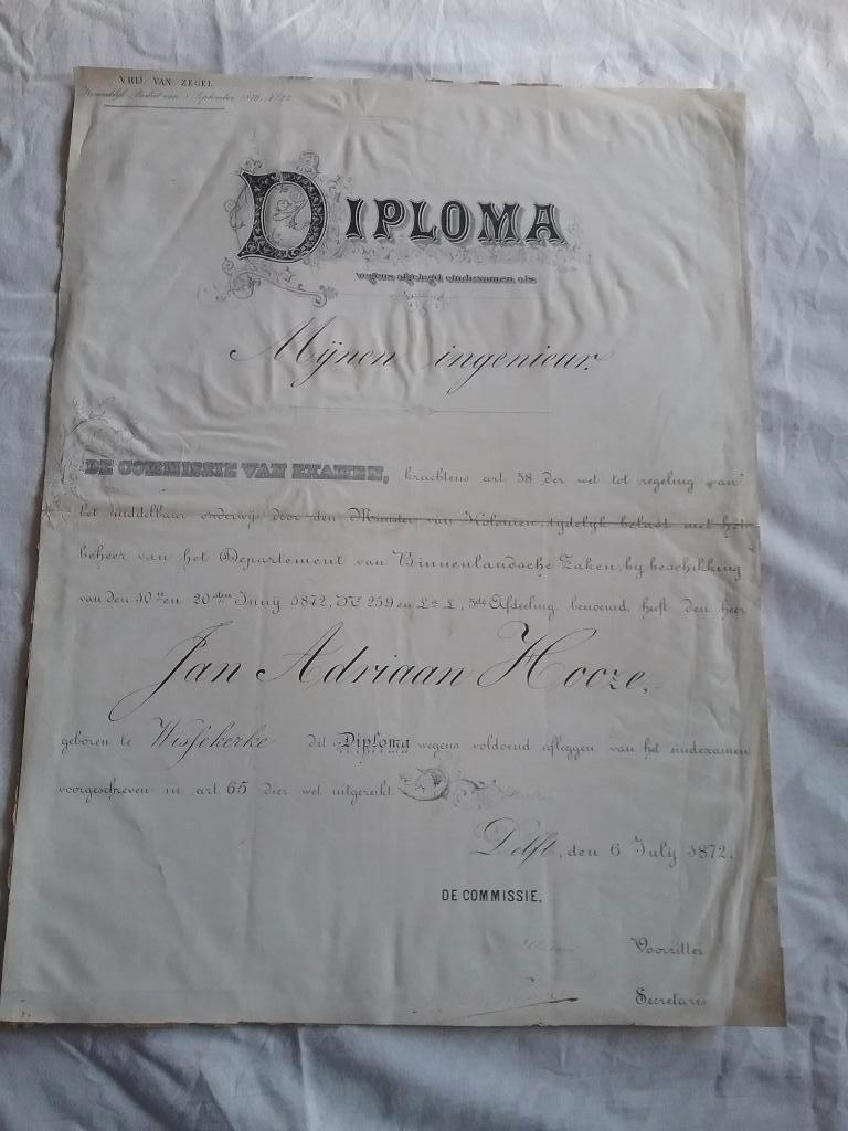 Diploma Mijnen Ingenieur 1872, Ophalen of Verzenden, Gebruikt