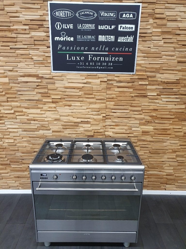 🔥SMEG Fornuis 90cm breed RVS 1 elektrische oven 6 pits, Ophalen, 60 cm of meer, Zo goed als nieuw, Energieklasse A of zuiniger