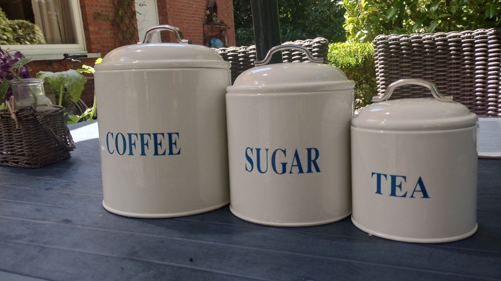 Imitatie emaille Voorraadbussen coffee Sugar tea wit blauw, Ophalen of Verzenden