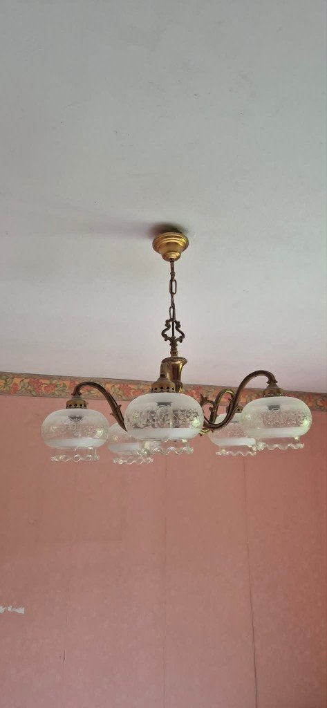 Lustre 5 branches avec boules verre ciselé, Enlèvement, Comme neuf, Verre, Vintage
