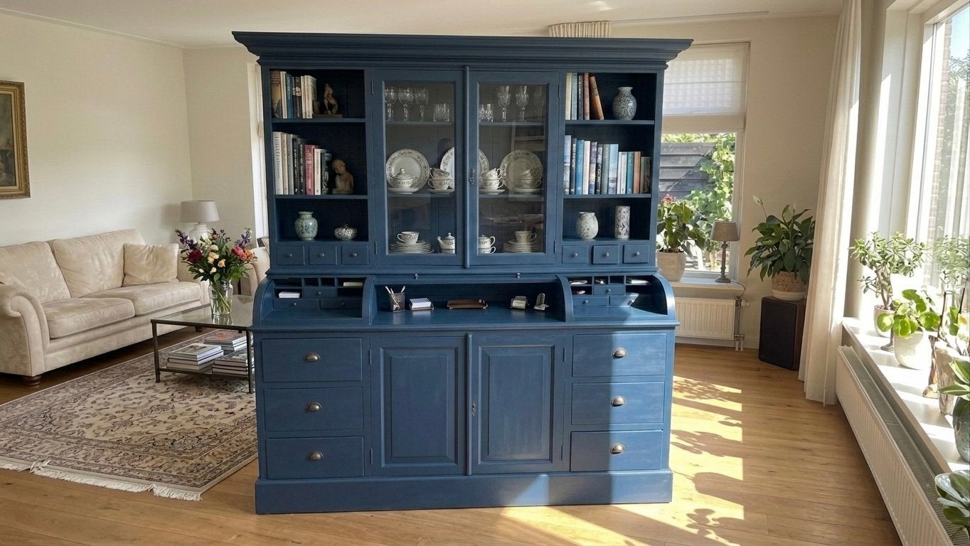 Buffet en teck de couleur (bleu Aubusson) livraison gratuite, Maison & Meubles, Neuf, Uniek, 200 cm ou plus, Enlèvement ou Envoi