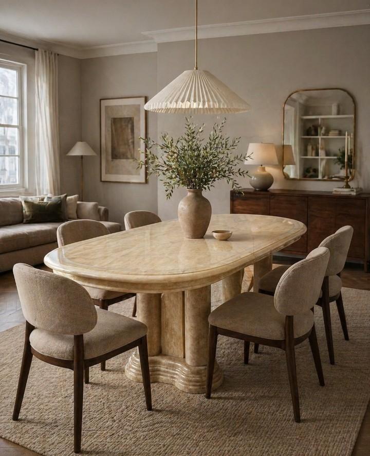 Belle table Art Déco d'aspect travertin., Maison & Meubles, Enlèvement, Comme neuf, Ovale