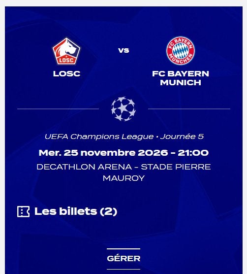 LILLE (LOSC) BAYERN (Munich) Tickets, Autres types, Deux personnes, Novembre