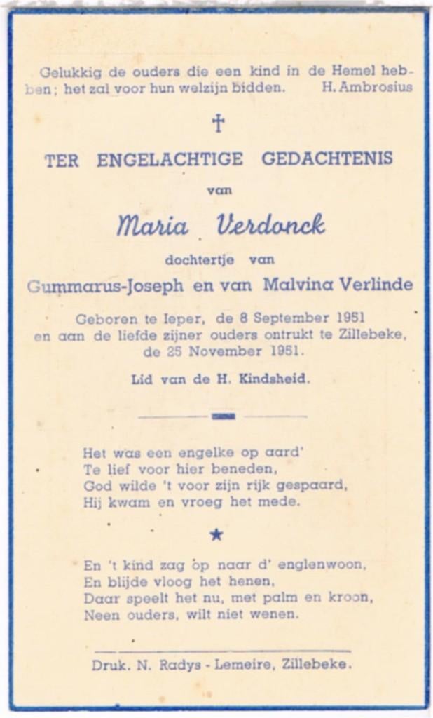 Dochtertje. Verdonck Maria. ° Ieper 1951 † Zillebeke 1951, Ophalen of Verzenden, Bidprentje