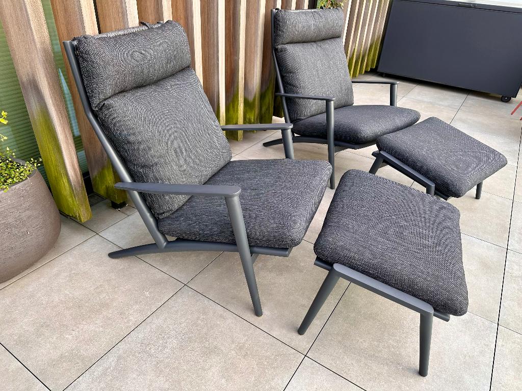 Exterioo Bilbao loungestoel + poef 2 stuks zwart als nieuw, Enlèvement, Comme neuf, Aluminium