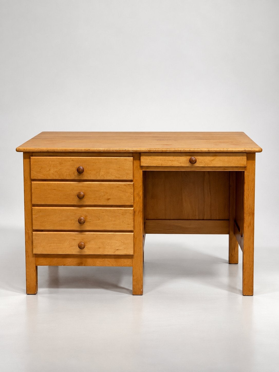 Bureau vintage en bois massif – 5 tiroirs – teinte miel, Vintage, Ophalen of Verzenden, Gebruikt, Hout