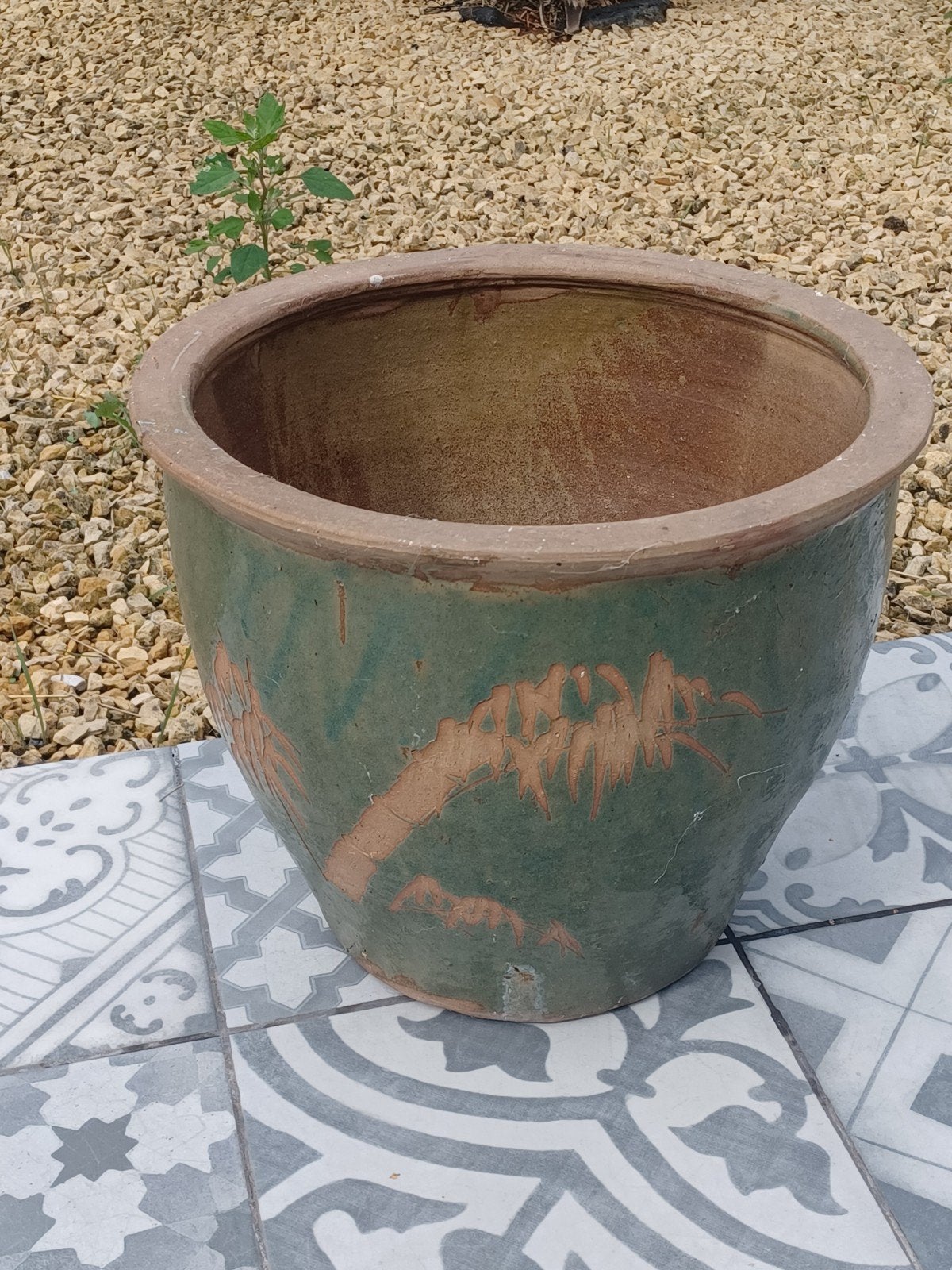 mooie unieke geglazuurde grote stenen bloempot, Ophalen, Steen, Minder dan 30 cm, Zo goed als nieuw