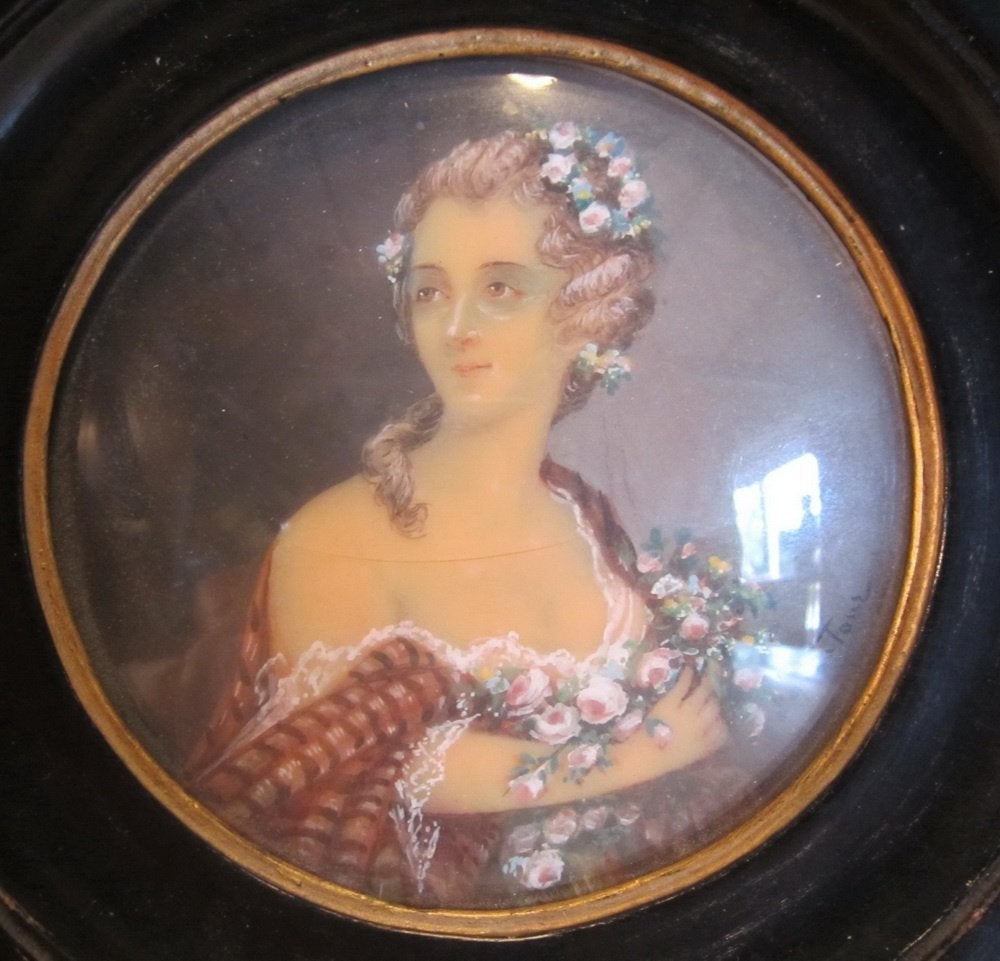 Portrait miniature antique peint main dame avec fleurs /1, Envoi