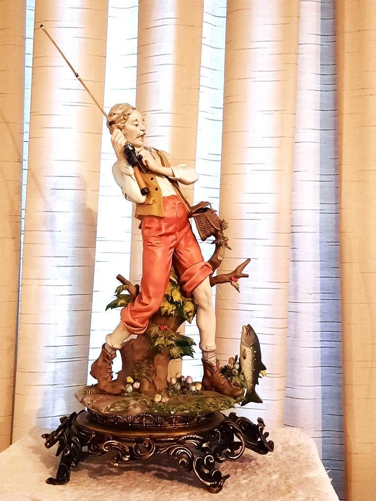 Een prachtige oude visserman beeld met bronzen sokkel-38 cm, Antiek en Kunst, Ophalen, Overige onderwerpen, Handgemaakt, Overige materialen