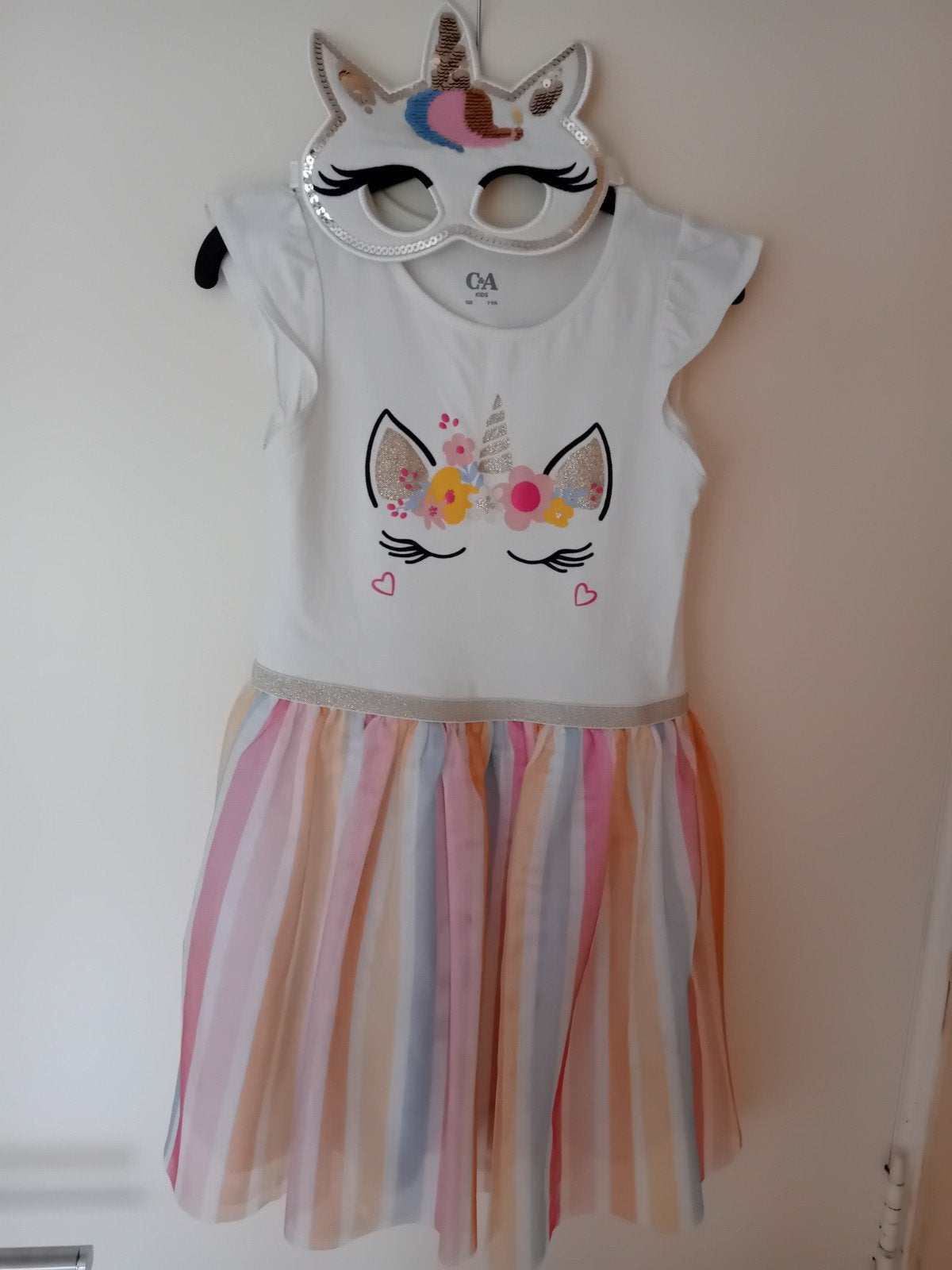 Jurk + masker unicorn, Kinderen en Baby's, Kinderkleding | Maat 122, C&A, Meisje, Ophalen of Verzenden, Zo goed als nieuw