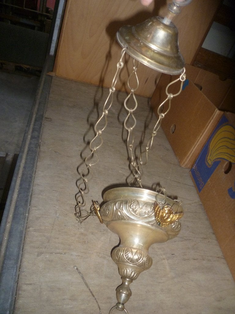 ANTIEK KOPEREN VERZIVERDE GODSLAMP, Antiek en Kunst, Ophalen