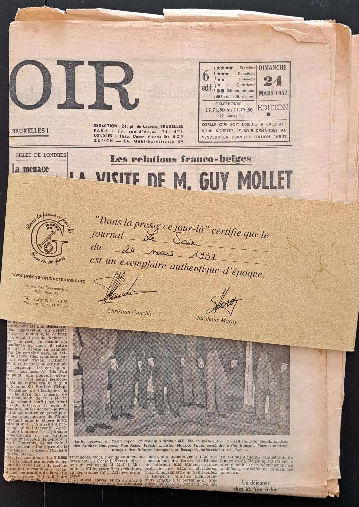 Oude krant Le Soir — 24 maart 1957 met C.O.A., Ophalen of Verzenden, 1940 tot 1960, Krant
