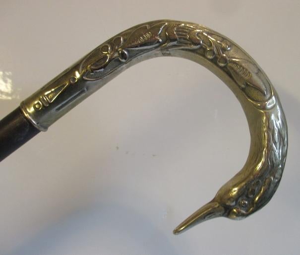 bâton de marche art nouveau en argent nickelé  tête de cygne, Antiquités & Art, Curiosités & Brocante, Envoi
