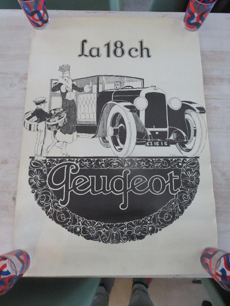 oude poster La 18 CH Peugeot par Rene Vincent, Ophalen of Verzenden, Zo goed als nieuw, Auto's