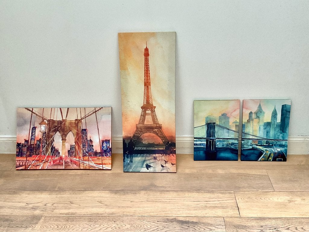 Set 4 schilderijen, Antiquités & Art, Art | Peinture | Classique, Paysage urbain / rural, Impressionniste, Aquarelle, Toile, Enlèvement