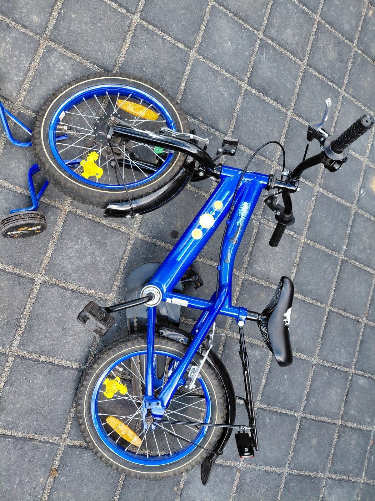 Kinderfiets blauw 14 inch met zijwielen, Ophalen, Gebruikt, Staal, Velgrem