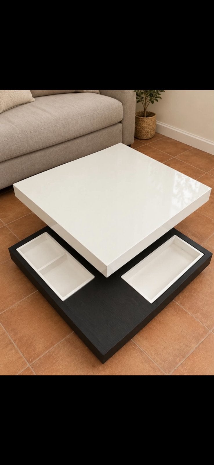 Table basse design coulissante blanc laqué et noir 90 x 90cm, Maison & Meubles, 50 à 100 cm, Verre, Enlèvement, 50 à 100 cm