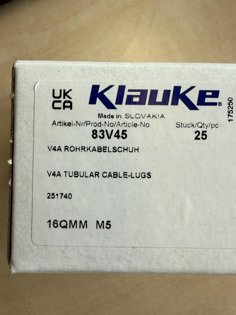 Te koop: Klauke V4A Tubular Cable-Lugs 16mm² M5 – 25 stuks, Bricolage & Construction, Électricité & Câbles, Enlèvement, Neuf