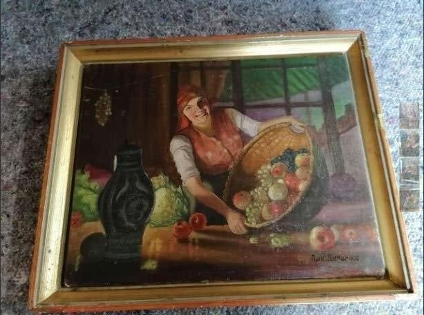 antiek schilderijtje op paneel 30er jaren boerin, Ophalen