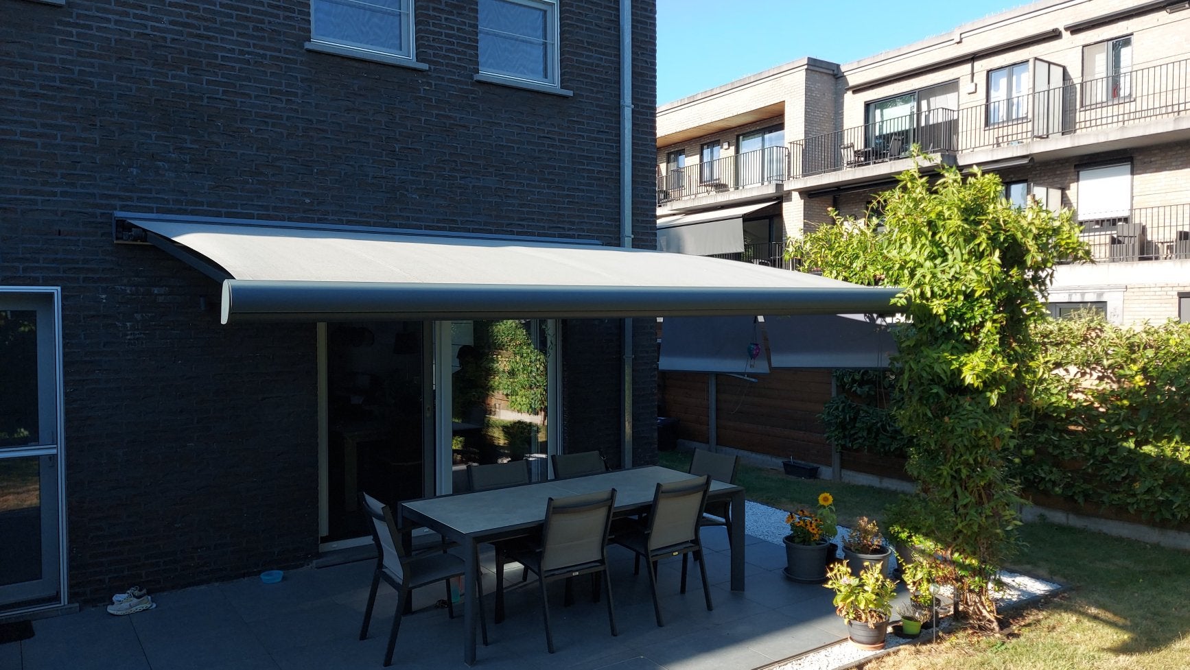 Brustor B38 Elite Knikarmscherm met volant (400x350cm), Tuin en Terras, Ophalen, Elektrisch, Zo goed als nieuw, 250 cm tot 450 cm