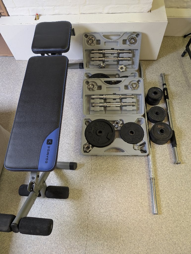 Mini Gym - Banc de musculation + haltères, barres, et poids, Sports & Fitness, Enlèvement, Utilisé, Bras