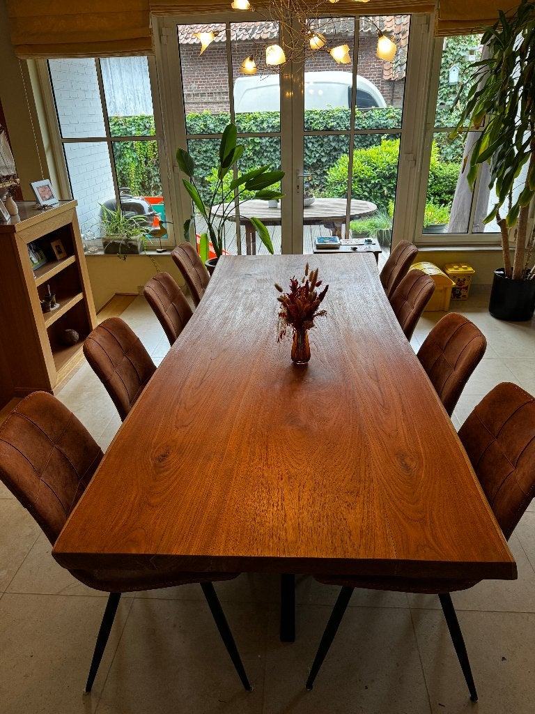 boomstamtafel teak met 8 bijhorende interieurstoelen, Huis en Inrichting, Tafels | Eettafels, Ophalen, Teakhout, 200 cm of meer