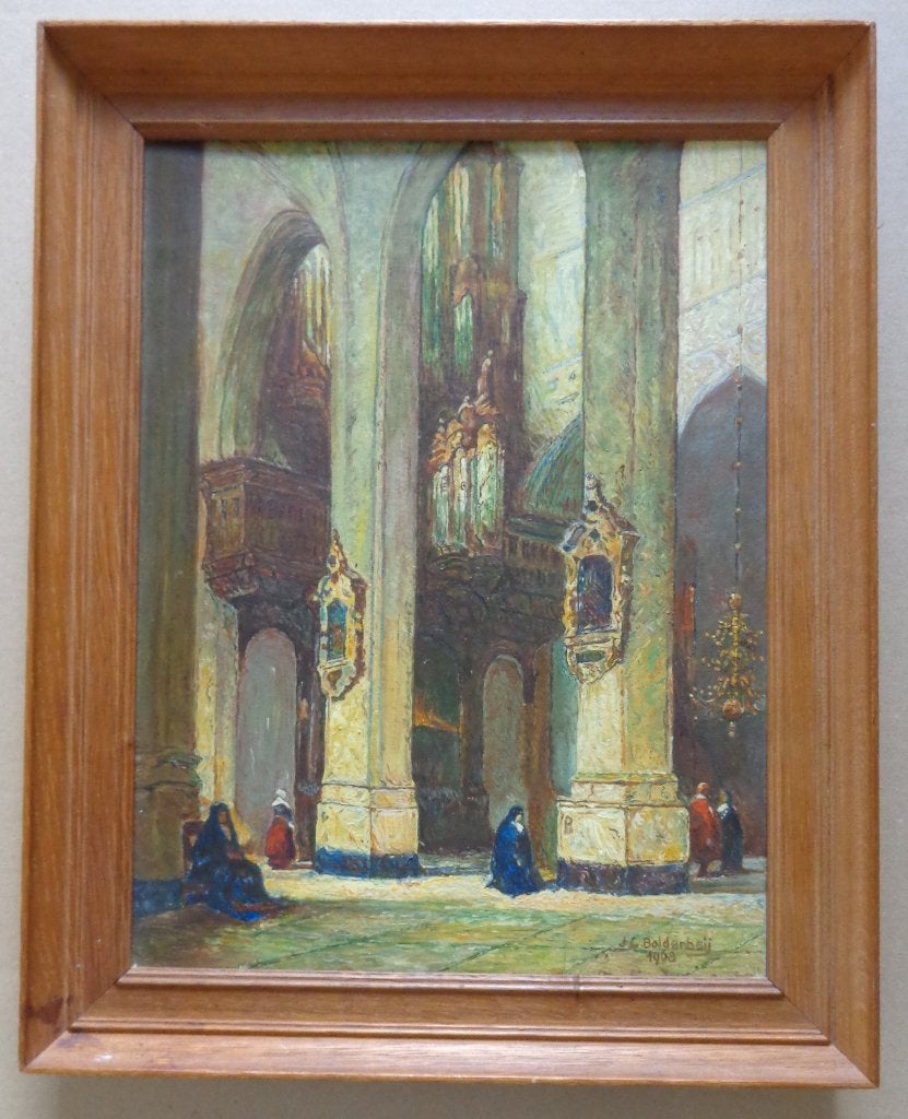 J. C. BOLDERHEIJ / KERKINTERIEUR / OLIEVERF / 45x36cm KADER, Doek, Expressionistisch, Ophalen of Verzenden, Gesigneerd