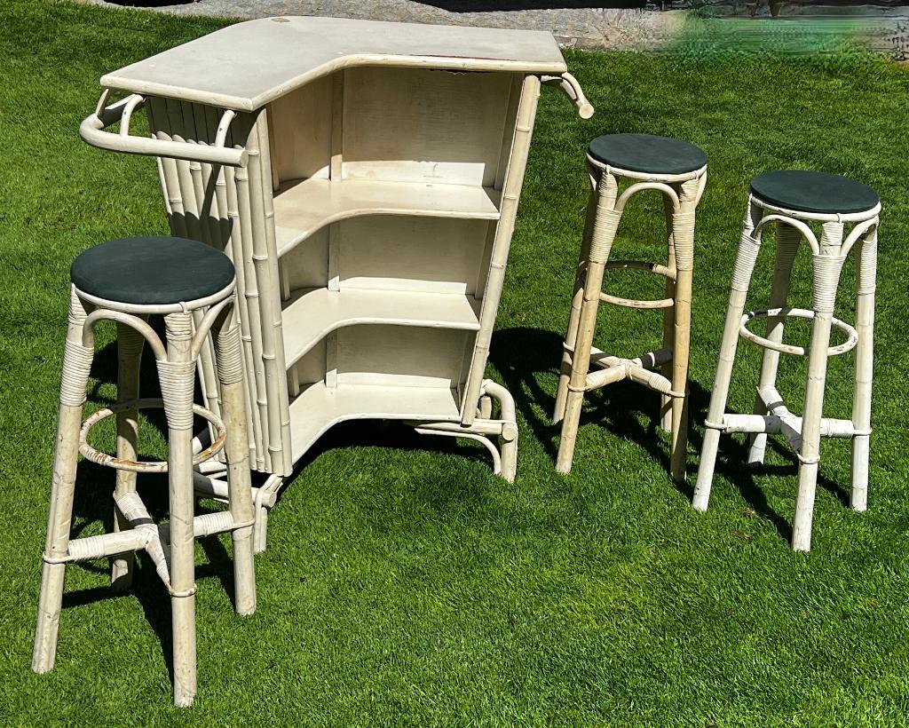 Bar rétro Bambou + 3 tabourets, Maison & Meubles, Enlèvement, Utilisé, Y compris les chaises de bar