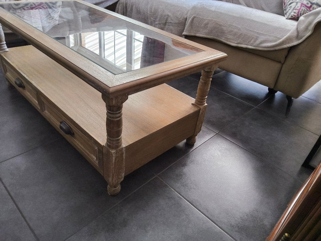 A vendre  table basse en bois, ornée de délicates vitres !, 100 à 150 cm, Chêne, Enlèvement, Utilisé