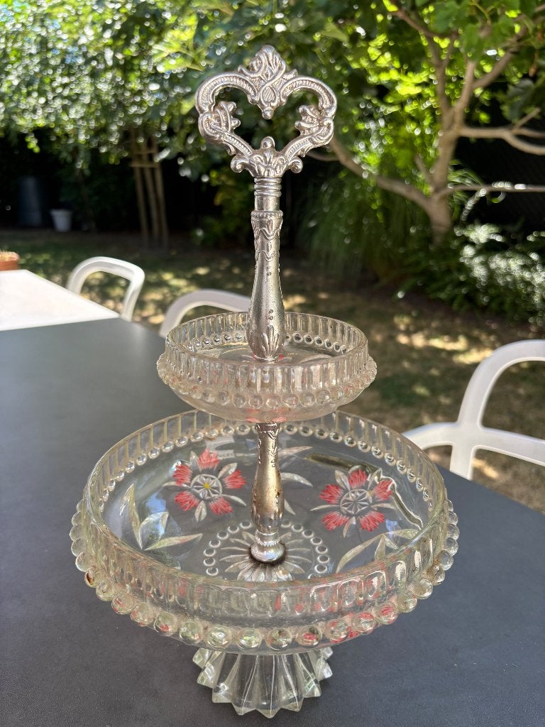 Decoratieve vintage etagère, Ophalen, Etagère, Glas, Met handvat