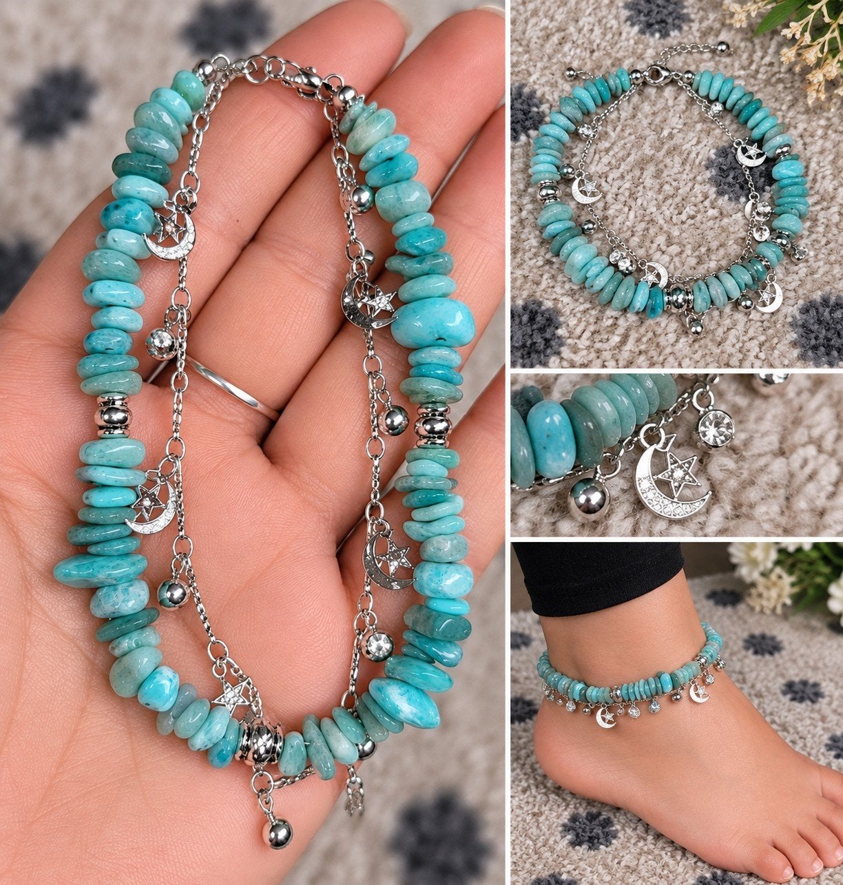 Bracelet de cheville en amazonite avec breloques en forme de, Enlèvement ou Envoi